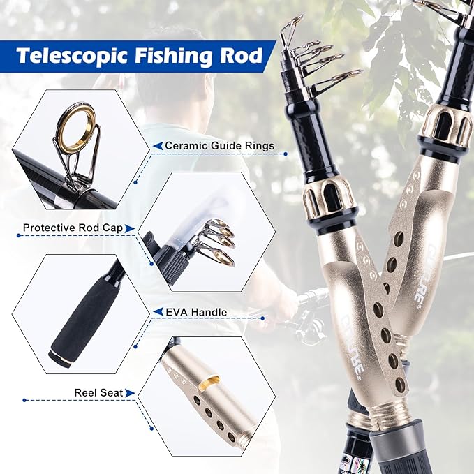GOTURE Telescopic Fishing Rod and Reel Combos, Carbon Fiber Travel Fishing Pole, 9+1 BB Spinning Reel, Saltwater Freshwater Fishing Gear Kit with Braided Line, Lures, Carrier Bag for Bass Trout