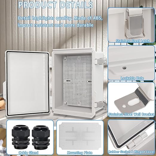 Zulkit Junction Box,IP67 Waterproof Electrical Box Hinged Cover Stainless Steel Latch Plastic Enclosure for Project with Mounting Plate Wall Bracket and 2 Cable Gland Grey 8.7"x6.7"x4.3"/220x170x110mm
