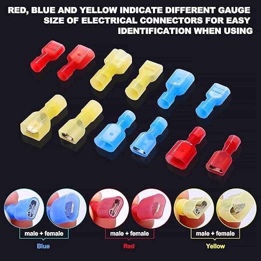 Twidec/210PCS Nylon Spade Connectors Kit 22-10 Gauge Male and Female Wire Spade Terminal Quick Disconnect Fully Insulated Wire Crimp Connector for Automotive Marine