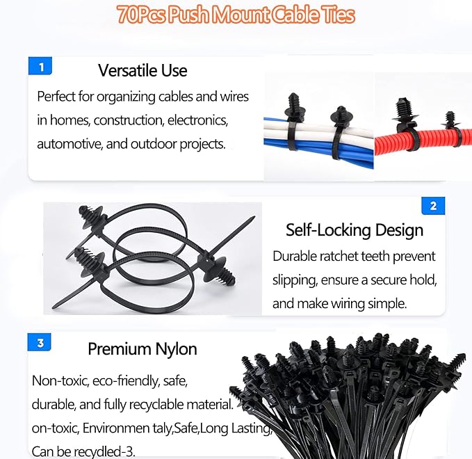 70Pcs Cable Ties Push Mount Nylon Zipper Clips Zip Ties Heavy Duty Plastic Push in Zipties for Car 7 Most Popular Sizes Self Locking Zip Tie Clips