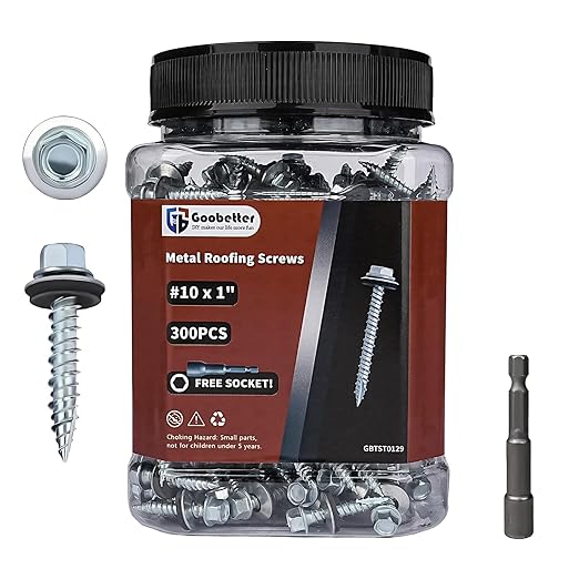 Metal Roofing Screws 10 x 1 Galvanized Hex Head Sheet Metal Screws, Metal to Wood Siding Screws, Self Tapping Screws with EPDM Washer for Corrugated Roofing (Silver-300Pcs)