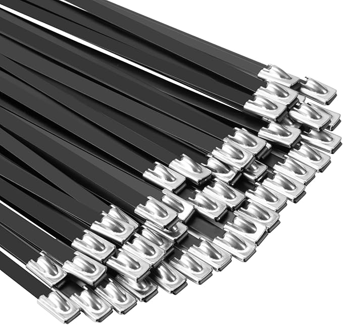 Metal Zip Ties Black 18 inch 290LB 50pcs Heavy Duty 304 Stainless Steel Epoxy Coated Locking Cable Exhaust Wrap Multi Purpose Binding for Machinery, Vehicles, Farms, Cables, Pipes,Fence