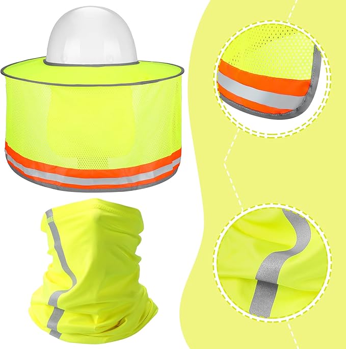 SATINIOR 3 Pcs Sun Hard Hat Neck Protection High Visibility Full Brim Mesh Sun Protection Bandana Headband Arm Sleeves with Reflective Strap for Construction Helmet Hard Hat(Neon Yellow)