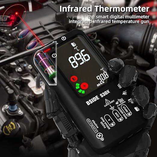 BSIDE Smart Digital Multimeter Infrared Thermometer Rechargeable 9999 Counts Voltmeter, D:S=12:1, Measure High/Low Voltage Diode, Capacitance Amp Tester for HVAC LED Electronic Automotive Electrician