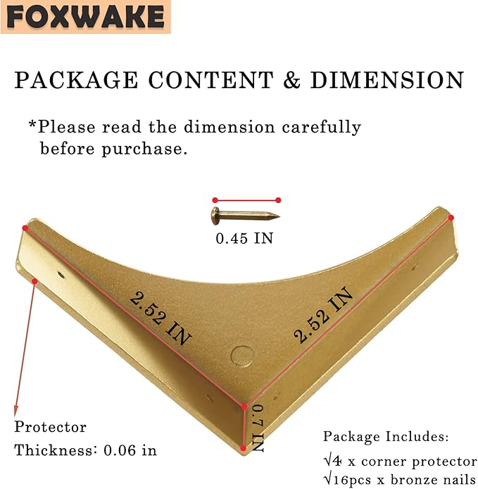 Gold Box Corner Protectors Metal for Furniture Decorative Table Corner Brackets 2.56'' Corner Cover Rustproof Zinc Alloy Desk Edge Corner Guard with Matching Nails (4Pcs)
