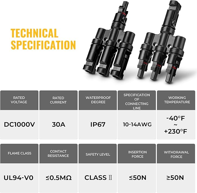 BougeRV Solar Branch Connectors 3 to 1 Y Connector for Parallel Connection Between Solar Panels (1 Pair)
