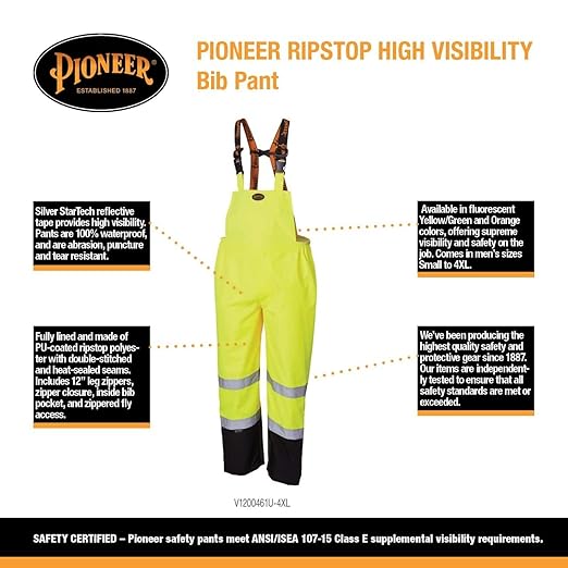Pioneer Hi Vis Ripstop Waterproof Bib Pants/Overalls for Men - Reflective Safety Work Rain Pants - High Visibility Yellow