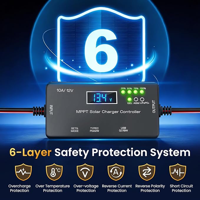 MPPT Solar Charge Controller 12V 10A, with LCD Display & Type-C/USB Output, Compatible with LiFePO4, AGM, Gel Batteries, Zero Battery Drain Technology for Off-Grid Solar System