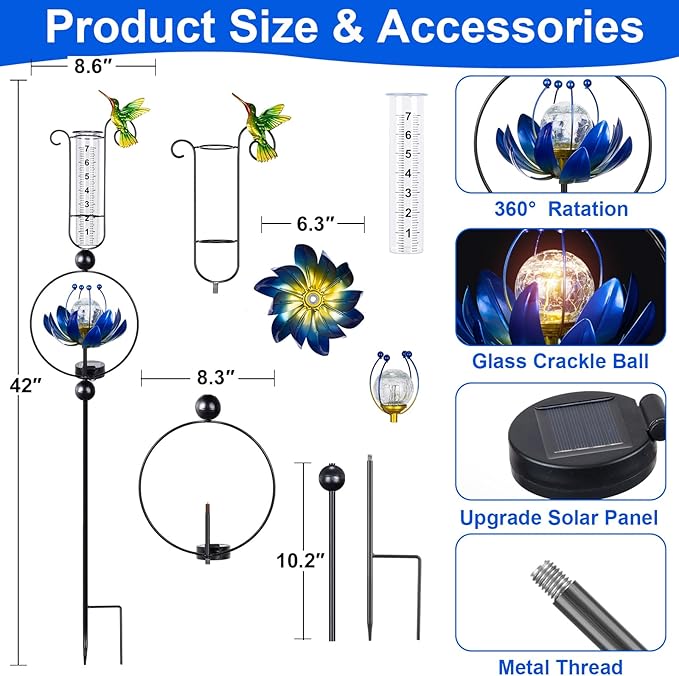 Rain Gauge Outdoor,42 Inch Solar Rain Gauges Decorative with Lotus Flower Spinner Light,Large Number Plastic Tube Rain Catcher Freeze Proof Hummingbird Water Gauge for Garden Yard Lawn
