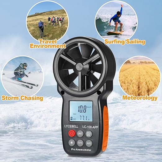 Wireless Anemometer with APP Bluetooth, Digital Handheld Wind Speed CFM Meter Measuring Temperature, Wind Chill, Air Flow Velocity, Wind Gauge for HVAC Outdoor Sailling Climbing Drone 100-APP