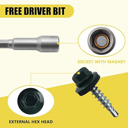 300pcs #10 x 1 Green Hex Head Self-Drilling Metal Roofing Screws, EPDM Washer, Colored Head, Wood Screws, Sheet Metal Roof Screw with Hex Driver Bit