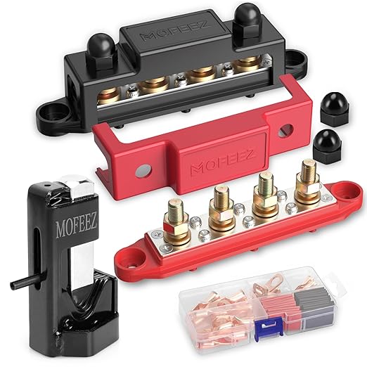 MOFEEZ Power Distribution Block Bus Bar 4 × 3/8" Posts 6 × #8 Screws with Hammer Lug Crimping Tool, Marine Bus Bar 48V 250A for Automotive, Car, Boat, Solar Wiring