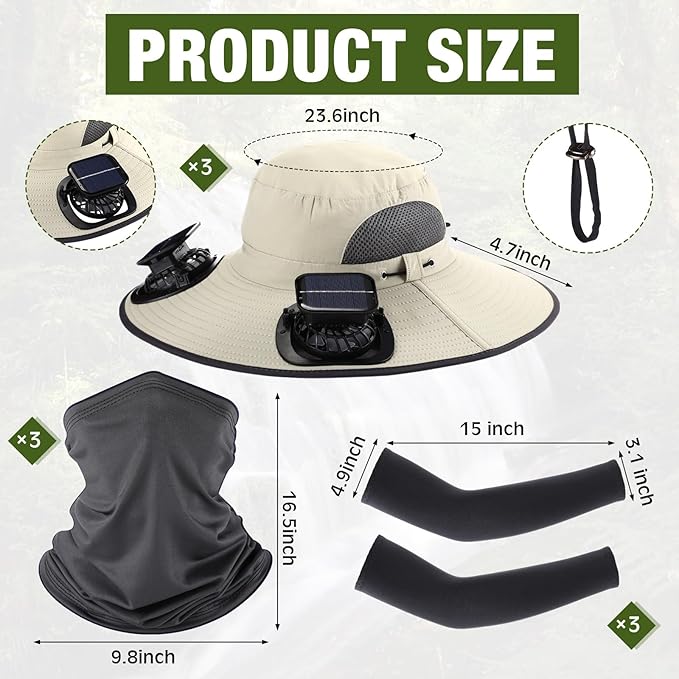 Syhood Solar Powered Fan Hat with Arm Sleeves Neck Gaiter for Men Women Outdoor Wide Brim Bucket Hat with Fan for Hiking