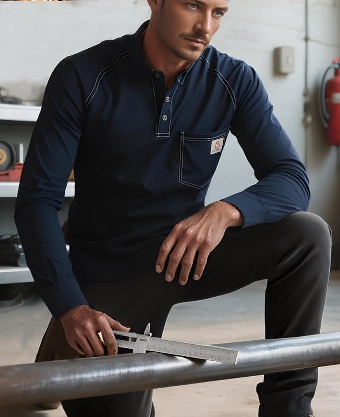 BOCOMAL Men's FR Henley Shirt Flame Resistant 5.5oz Cotton Long Sleeve Workwear UL NFPA2112 CAT2 Welding Tee
