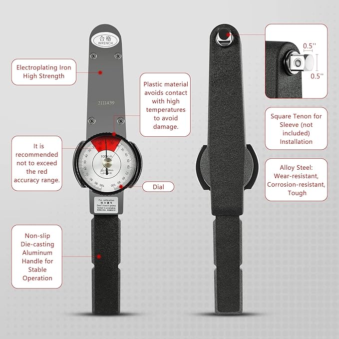 Dial Indicator Torque Wrench Indicating Torquemeter 1/2" Drive 0-100 Nm High Precision Torque Meter Professional Measure Tool, ± 3% Accuracy