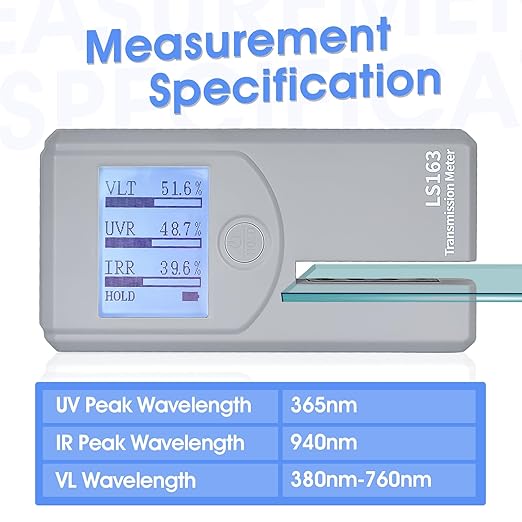 Digital Tint Meter, Pocket Solar Film Tester with Automatic Calibration, 5-in-1 VL UV IR Transmittance and Rejection Tester for Film, Filmed Glass, Window Tint, Side Windshield