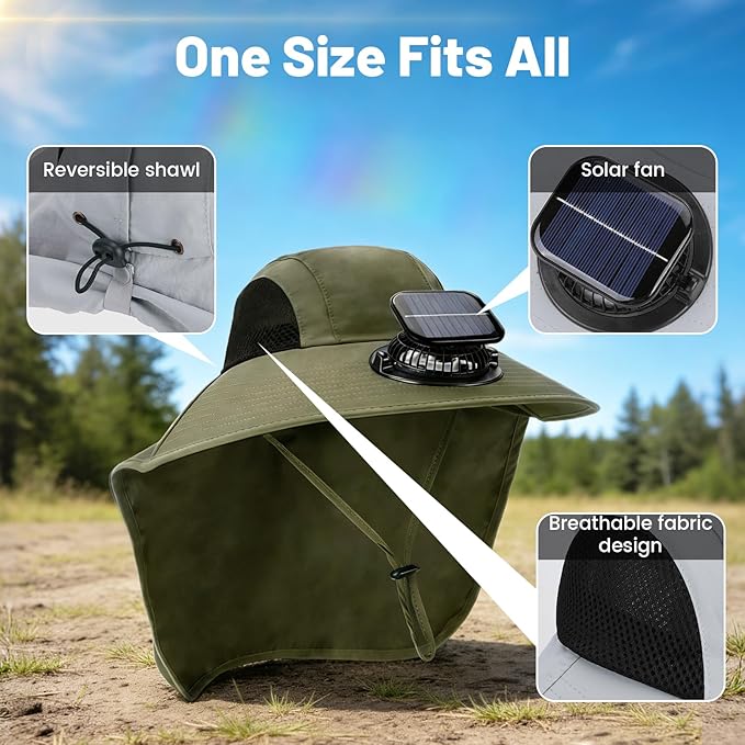 Solar Fan Hat Wide Brim Hat with Fan Sunscreene Neck Flap 3-Speed Outdoor Sun Hat for Fishing,Hiking,USB Solar Charging