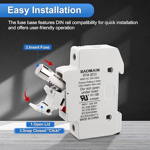 Baomain RT18-32 Fuse Holder Base with 10x25A Ceramic Fuses (10x38mm) – 1 Pole DIN Rail Mount, LED Indicator, CE Certified (25 Amp)