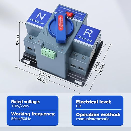 Automatic Transfer Switch 2P 63A 220V Generator Changeover Switch 50HZ/60HZ for Home, Office and Public Spaces