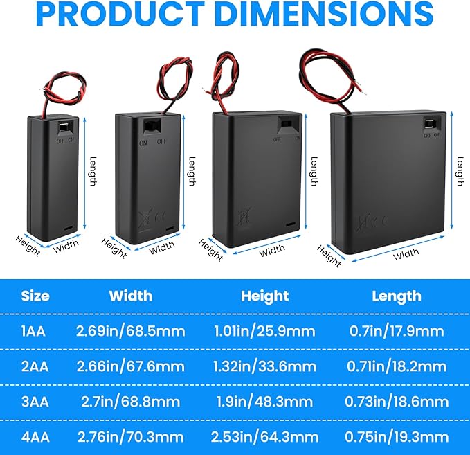 SDTC Tech 4-Pack 1/2/3/4 x AA Battery Holder with Switch Cover Wire Leads | 1.5/3/4.5/6 Volt Battery Case Box Kit | for Led Circuit Experiment Doorbell