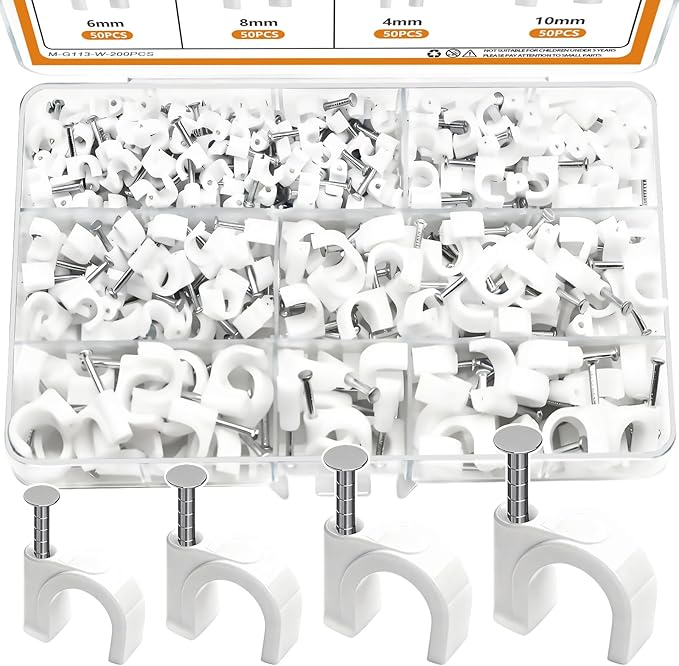 mankk 200PCS Cable Clips Nail in Cable Clips Wire Clips 4/6/8/10mm Round Ethernet Cables Wall Clips for Cords RG6 RG59 CAT5 CAT6 RJ45