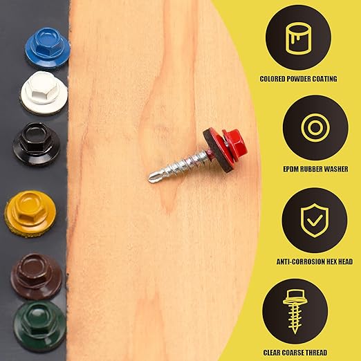 300pcs #10 x 1 Yellow Hex Head Self-Drilling Metal Roofing Screws, EPDM Washer, Colored Head, Wood Screws, Sheet Metal Roof Screw with Hex Driver Bit (Yellow, 1 in)