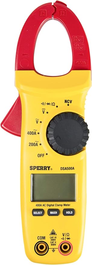 Gardner Bender Sperry Instruments DSA500A Digital Snap-Around Clamp Meter, 5 Function, 9 Range, 400-600V AC/DC, with Case, Measures Outlet & Panel Voltage, Yellow