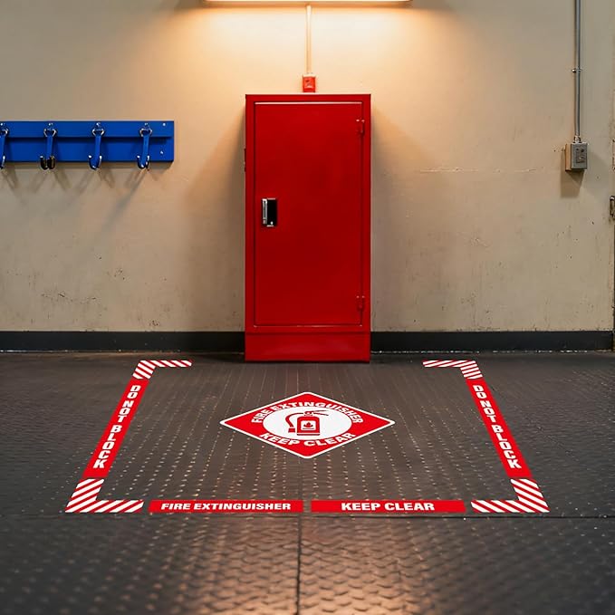 2 Pack Fire Extinguisher Signs Self Adhesive Keep Clear Do Not Block Floor Sign with Strips Waterproof Vinyl Fire Extinguisher Floor Marking Kits for Business Warehouse Office