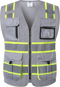 JKSafety 9 Pockets Hi-Vis Mesh Safety Vest for men and women | Chaleco reflectante de seguridad | Zipper Front | Multiple Pockets | Class 1 (140-Grey XXL)