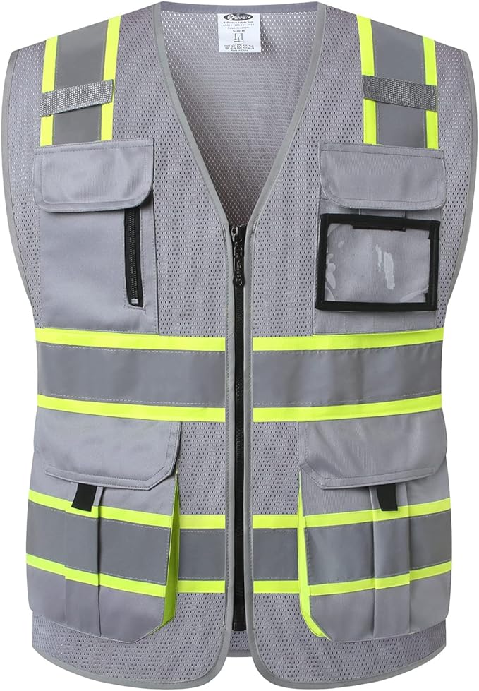 JKSafety 9 Pockets Hi-Vis Mesh Safety Vest for men and women | Chaleco reflectante de seguridad | Zipper Front | Multiple Pockets | Class 1 (140-Grey 3XL)