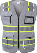 JKSafety 9 Pockets Hi-Vis Mesh Safety Vest for men and women | Chaleco reflectante de seguridad | Zipper Front | Multiple Pockets | Class 1 (140-Grey L)