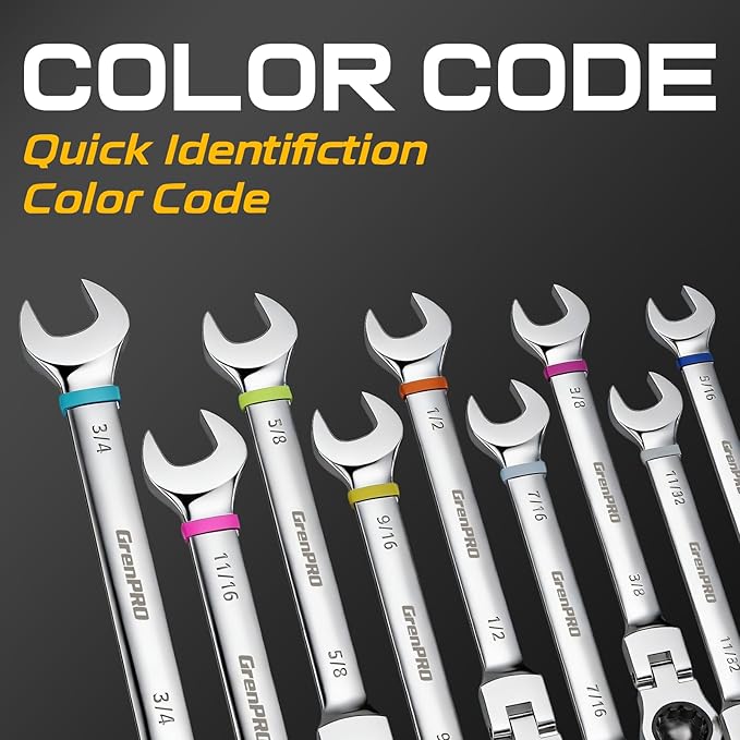 Ratchet Wrenches Set, 23PC Flex Head Ratcheting Wrench Set Metric and Standard & SAE, 6-18mm & 1/4" to 3/4" with Color Ring, CRV Open End Tool Organizer Pouch, Combination Ratchet Wrench Sets