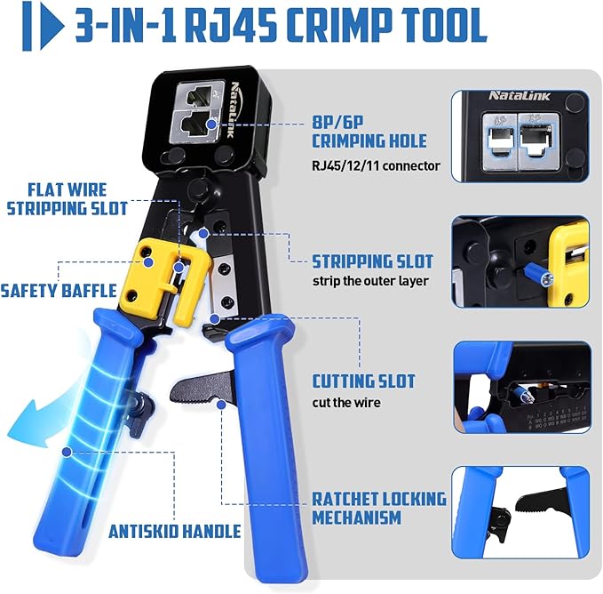 Pass Through RJ45 Crimp Tool Kit Cat 6 Cat 5E Cat 5 Ethernet Crimper Kit RJ45 Crimping Tool with Network Cable Tester, Mini Cable Stripper, 50 Pcs Cat6 Connectors and Strain Relief Boots
