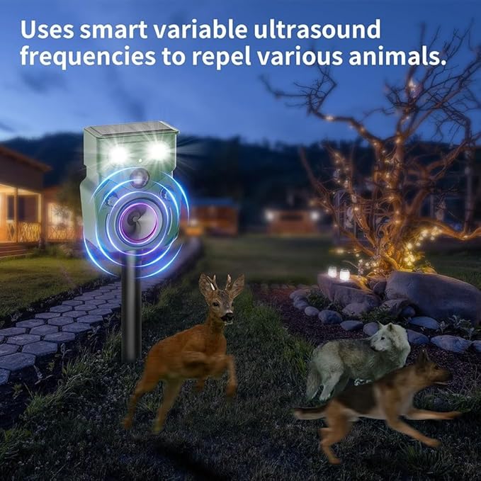2026 New Solar Ultrasonic Animal Repellent for Yard IP65, Animal Repeller, Ultrasonic Cat Repellent Outdoor Motion Sensor, Motion Sensor & Flashing Light, Repel Dogs, Deer Repellent, Raccoon, Rabbit