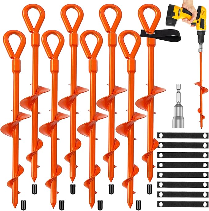 Ground Anchors, Shed Anchor Kit - 15 Inch, 4-Pack Spiral Stakes, Ground Anchors Heavy Duty - Strong Wind Resistant for Camping Tents, Carports, Swing Sets, and Canopies - Earth Anchors (Orange)