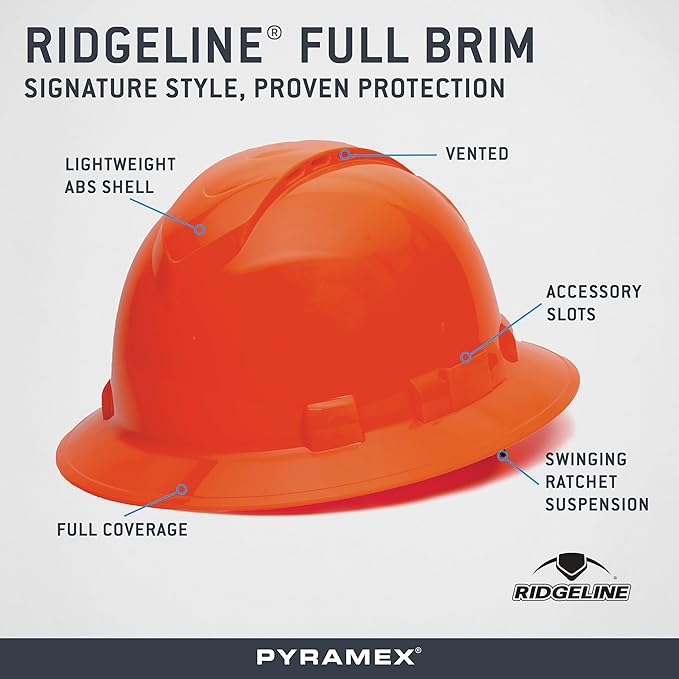 Pyramex Ridgeline Full Brim Vented Hard Hat 4 Point Ratchet Suspension
