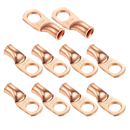 Ampper Heavy Duty Copper Wire Lugs, UL Eyelets Ring Crimp Copper Terminal Connectors for Battery Cable Ends and More (6 Awg, 1/4" Ring, 10 Pcs)