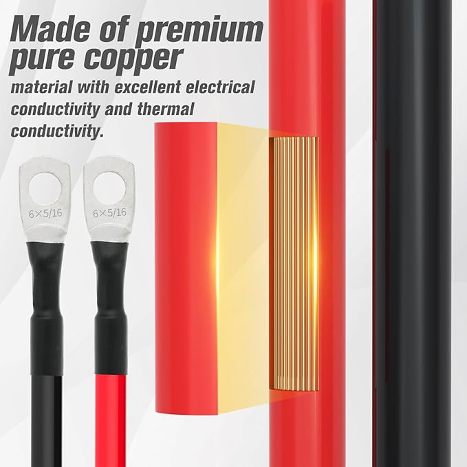 6 AWG Battery Cable 6AWG Gauge Battery Inverter Cables for Automotive Solar Marine Boat RV Car Motorcycle (6 AWG, 3FT, 5/16")