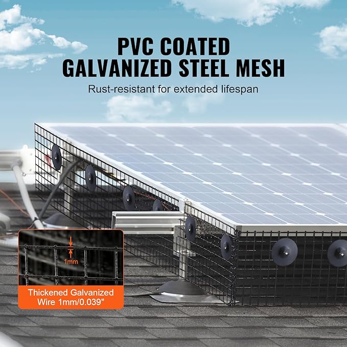 VEVOR Solar Panel Bird Guard 8inch x 98ft PVC Coated Wire Mesh Roll Kit with 100pcs Fasteners, Critter Fence, Pigeon Proofing, Black