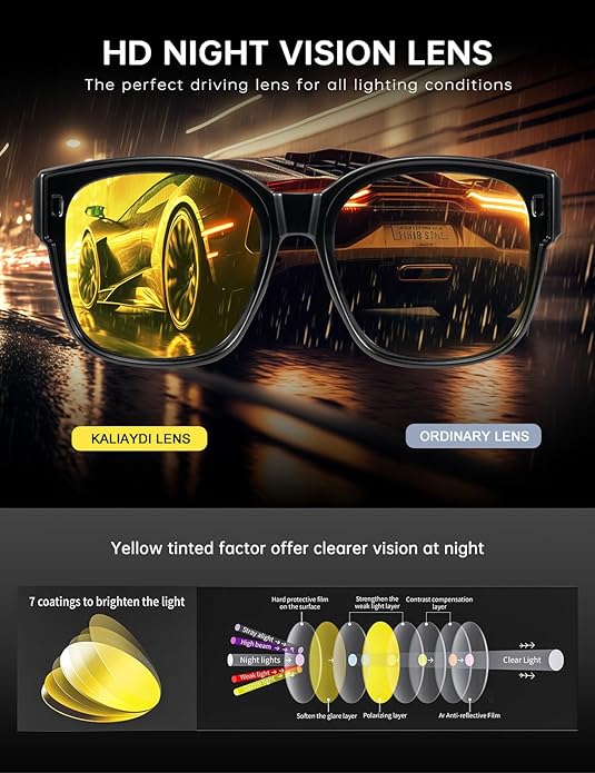 KALIYADI Night-Vision-Glasses Fit-Over-Glasses Wrap-Around Glasses: Anti Glare Night Driving Glasses for men women HD Lens