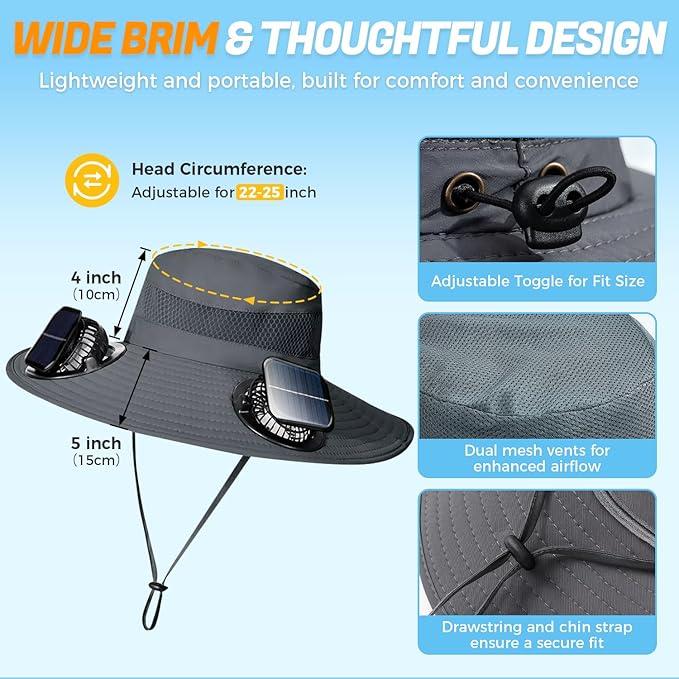 Solar Fan Hat for Men Women, Wide Brim UPF50+ Sun Hat with 2 Removable Fan 3-Speed Wind Solar&USB Charging