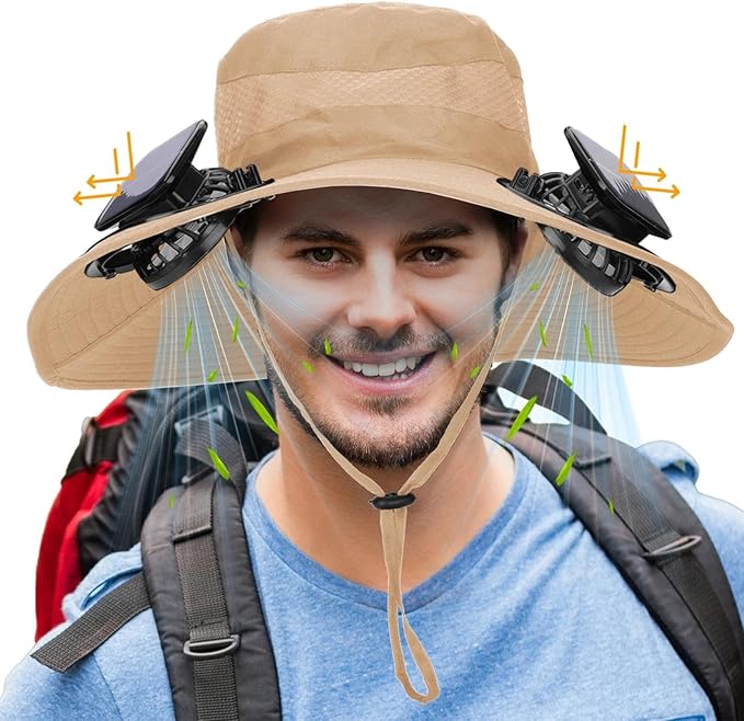Wide Brim Solar Fan Outdoor Fishing Hat, 2 Solar Fan Hats for Men, Hat with Solar Fans Built in, Fishing Hat with Fan for Men