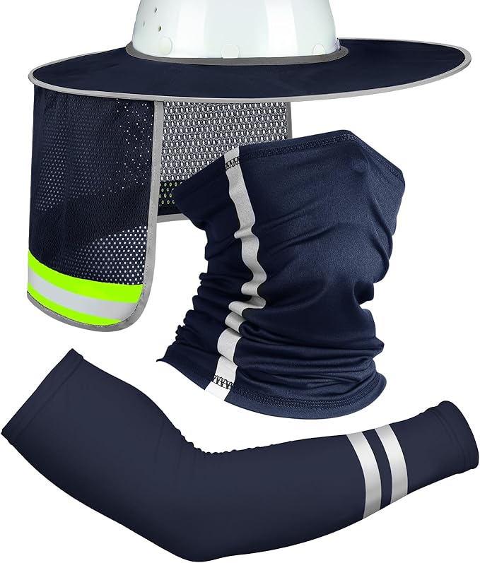 SATINIOR 3 Pcs Sun Hard Hat Neck Protection High Visibility Full Brim Mesh Sun Protection Bandana Headband Arm Sleeves with Reflective Strap for Construction Helmet Hard Hat(Navy Blue)