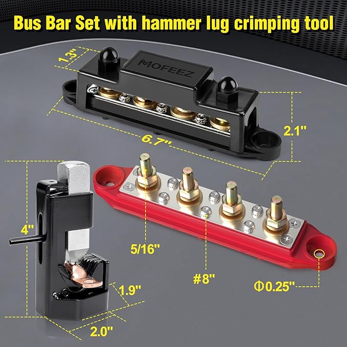MOFEEZ Power Distribution Block Bus Bar 4 × 5/16" Posts 6 × #8 Screws with Hammer Lug Crimping Tool, Marine Bus Bar 48V 250A for Automotive, Car, Boat, Solar Wiring