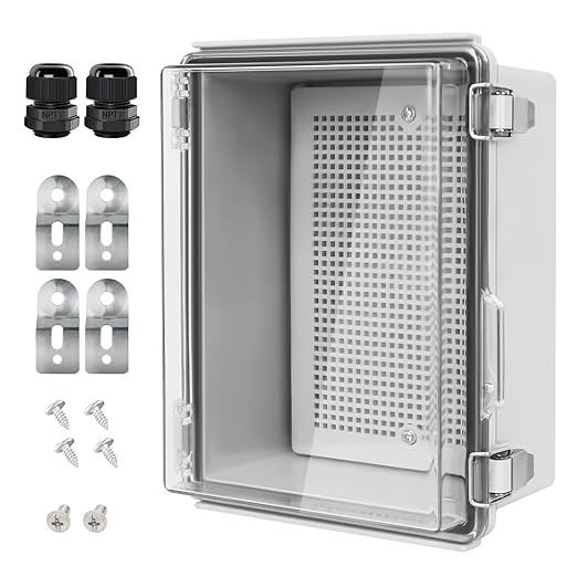 LeMotech Electrical Box, IP67 Waterproof Hinged Clear Cover Stainless Steel Latch Junction Box, ABS Plastic Electrical Enclosure with Mounting Plate,Wall Brackets, Cable Glands,8.7"x6.7"x4.3",Grey