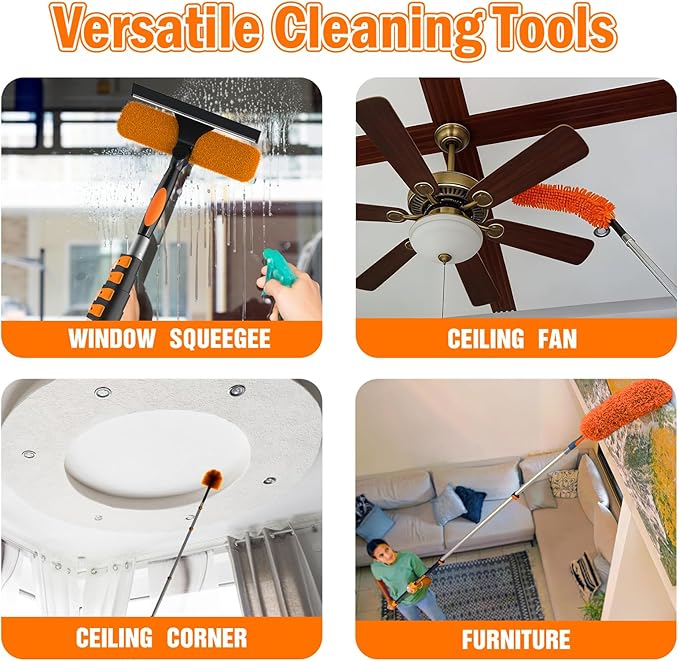 30FT High Reach Duster Cleaning Kit with Extension Pole, High Ceiling Fan Cleaner Duster Tool for Fan Blades, Window Washing Kit with Microfiber Feather Duster & Window Squeegee