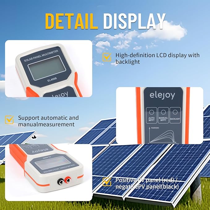 400W Solar Panel Tester Photovoltaic PV Multimeter with MPPT, 12-60V Voc, 0-20A Isc, Battery-Free Portable, LCD Display with MC4 & Alligator Clips for DIY Home RV Solar Test