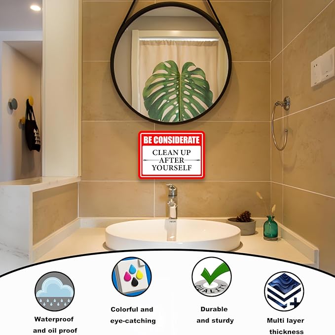 Clean Up After Yourself Sign, Self-Adhesive Waterproof Be Considerate Clean Up After Yourself Sign for Bathroom and Kitchen Keep This Area Clean Rules Sticker for Home, Restroom
