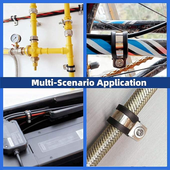 60 Pcs Cable Clamps Kit, 304 Stainless Steel Wire Clamps with Rubber Cushion for Pipe, Hose, Protection and Management in 5 Size (1/4", 3/8", 1/2", 3/4", 1")