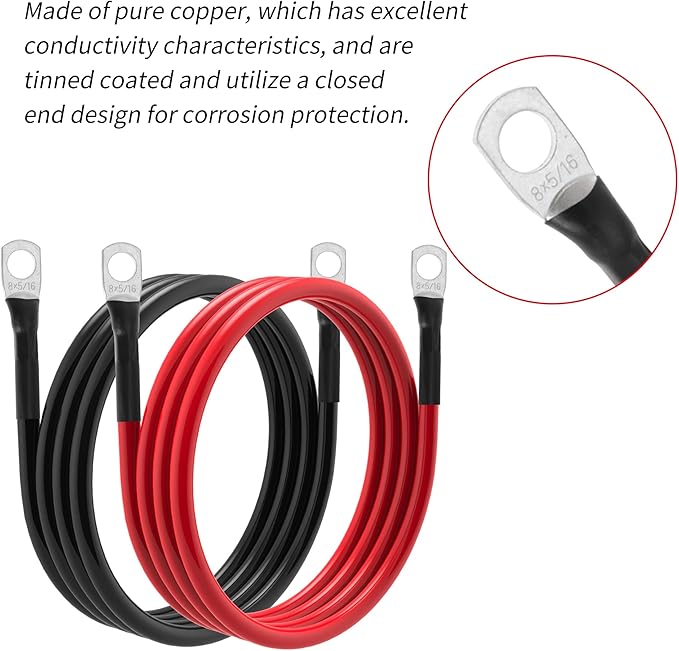 8 AWG Battery Cable 8 Gauge Power Inverter Cables with 5/16 Inch Lugs Both Ends for Solar Boat Marine RV Car 2 Pack (3FT)